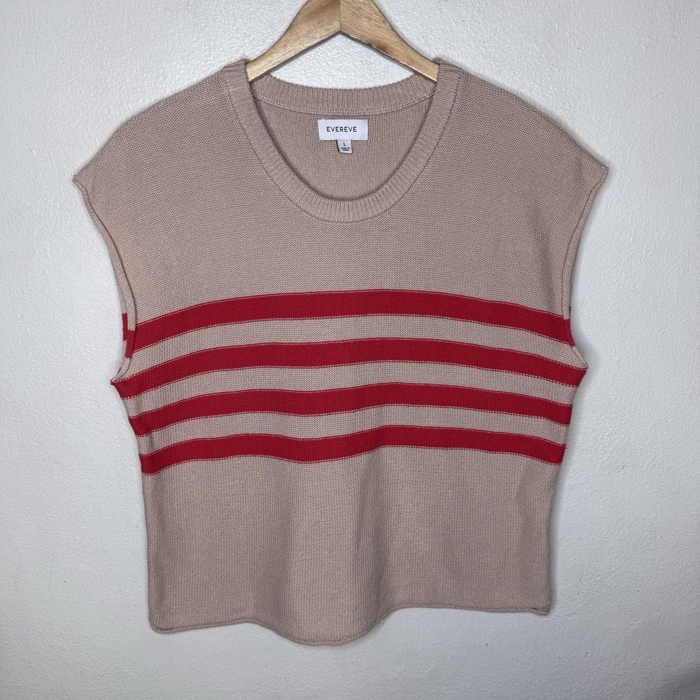 Evereve Jane Pullover Beige Red Cotton Knit Boxy Sweater Top Women's Large Beach
